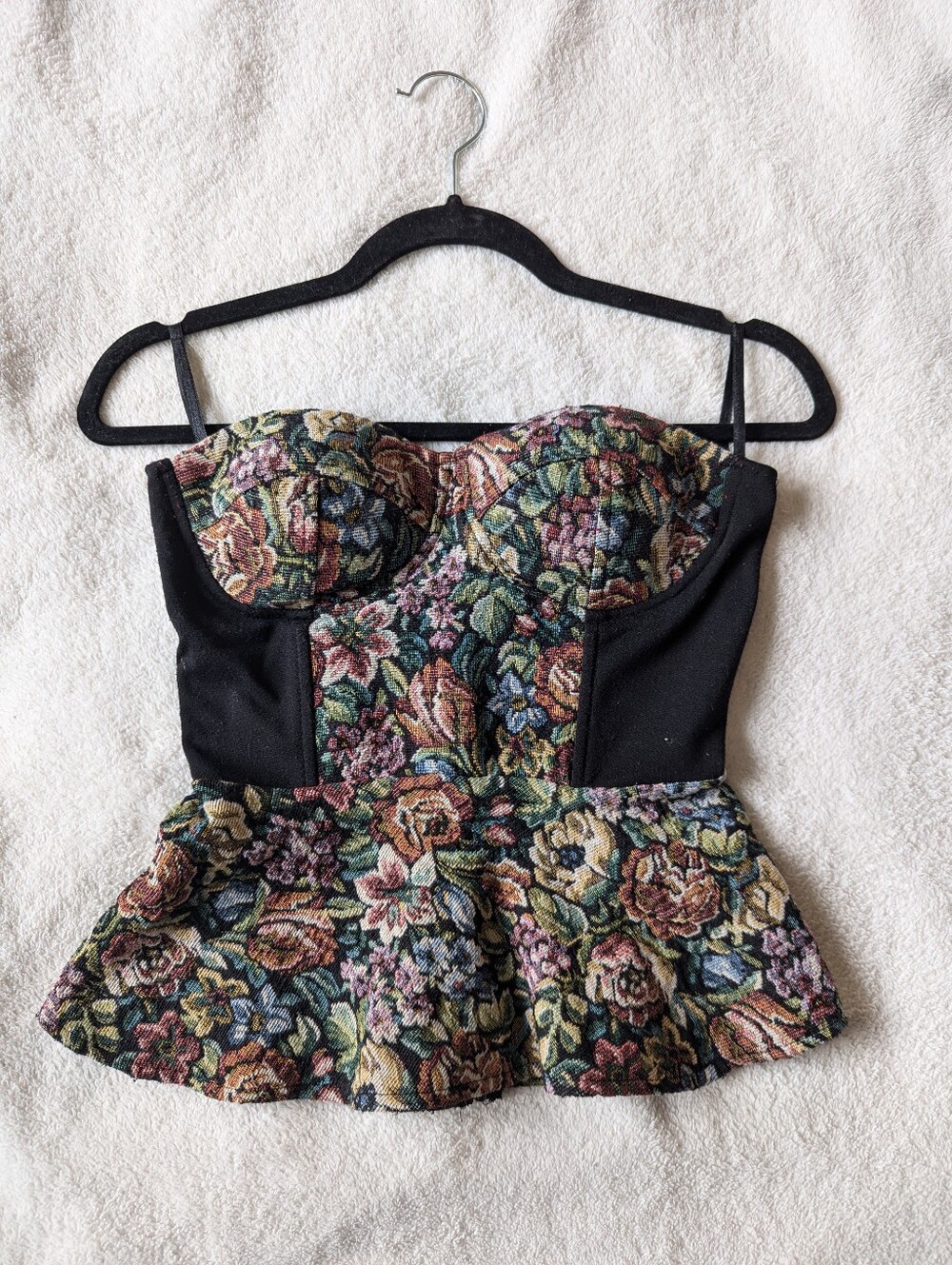 Floral Peplum Bustier Crop Top - Black Multicolor